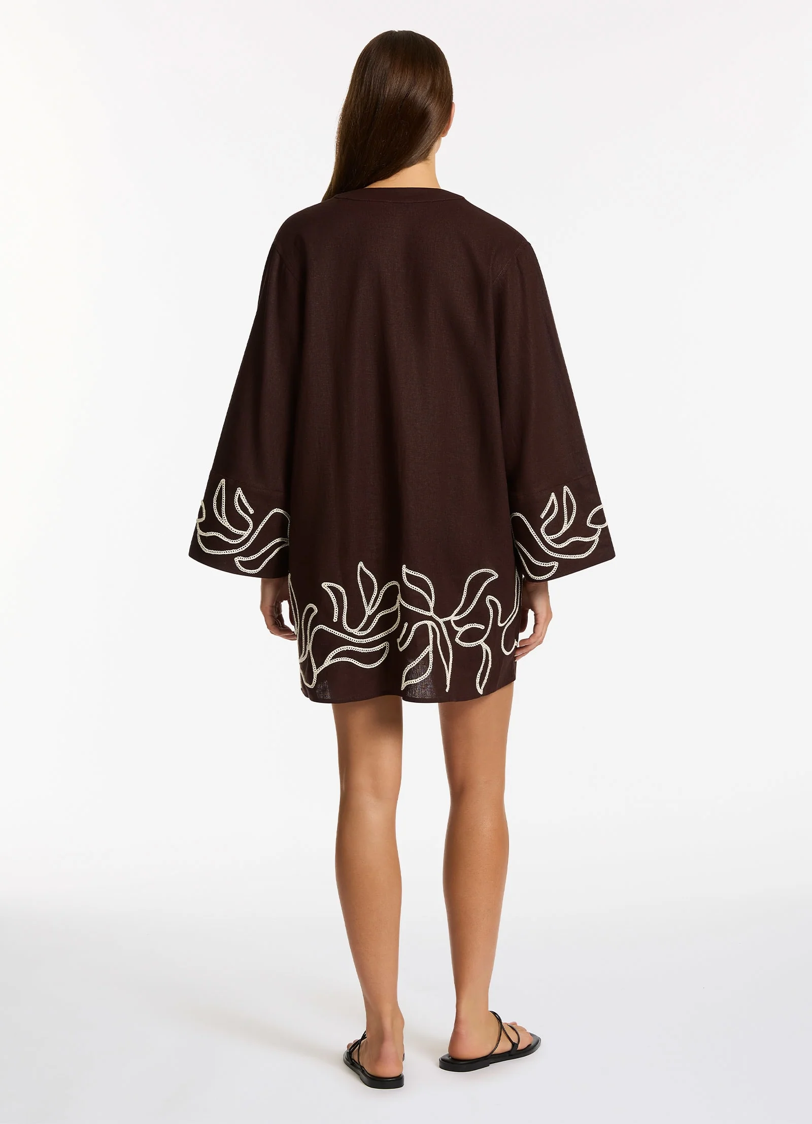 Dahlia Palm Embroidered Mini Kaftan - Chocolate - Image 2