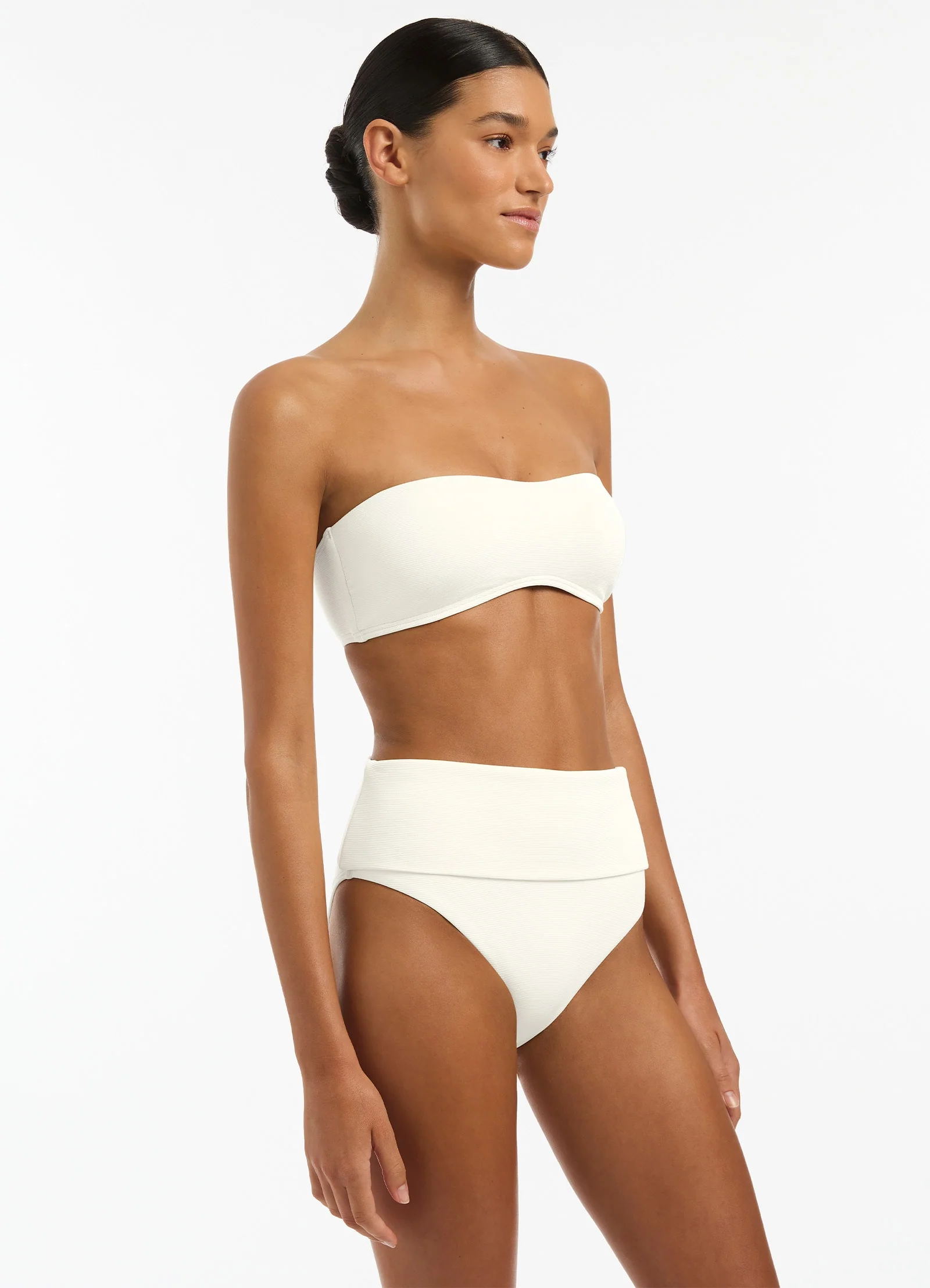 Isla Rib Fold Down High Waisted Bikini Bottom - Cream - Image 3